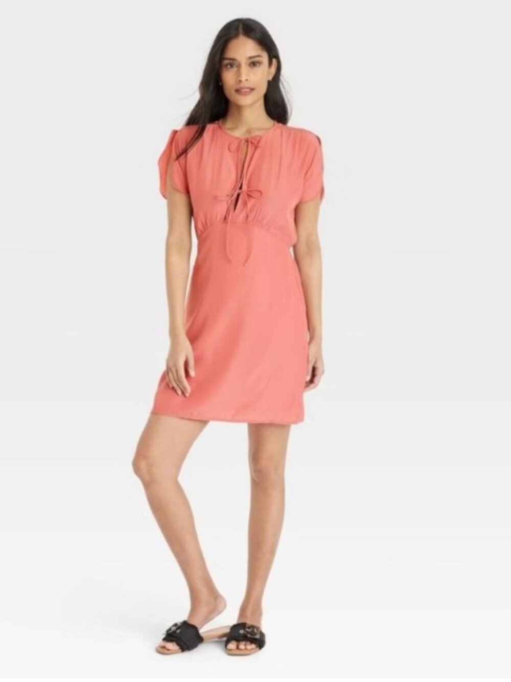 Universal Thread Coral Salmon Pink Flutter Sleeve Tie Front Lined Mini NWT 3X